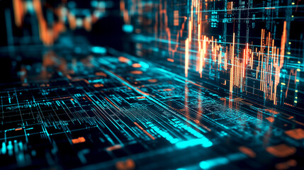 futuristic digital technology background with coding investment, graph, chart, candle stick, cyber i