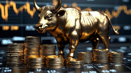 The golden bull on bitcoin coins, charts and upward arrow symbolize economic growth.