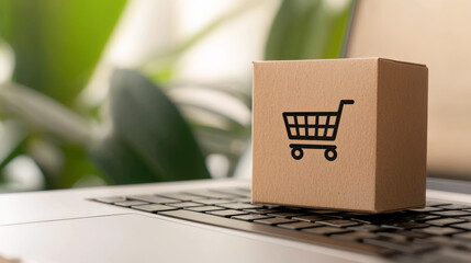 A shopping box with a cart icon placed on a laptop keyboard, symbolizing online shopping and e-commerce.