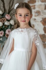 Wall Mural - White tulle flower girl dress with lace cape, simple style for first communion