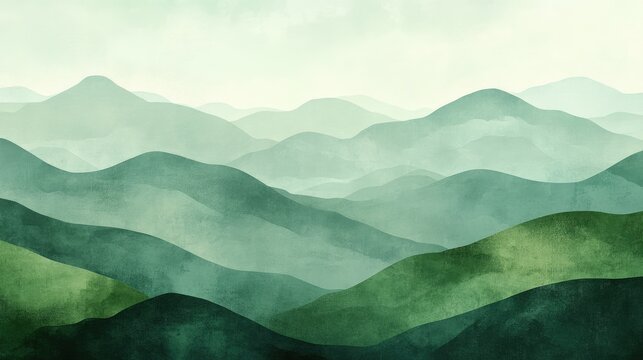 A calming abstract landscape in varying shades of green, with hills and mountains creating a peaceful and visually appealing background.