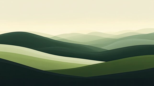 A calming abstract landscape in varying shades of green, with hills and mountains creating a peaceful and visually appealing background.