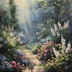 Soft morning light illuminating flower garden