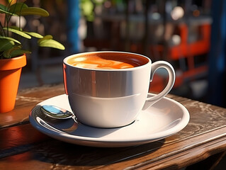 Attractive Cup of art latte on a cappuccino coffee on wooden table