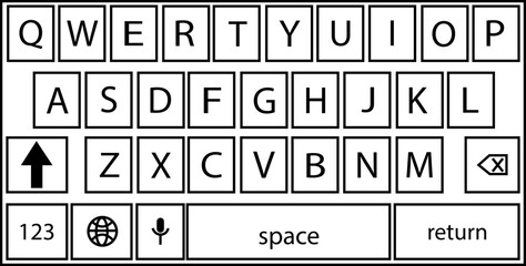 Fototapete - Smartphone keyboard in dark mode, keypad alphabet buttons in trendy modern Outline style, mobile phone tab concept for black color text app vector illustration isolated on transparent background.