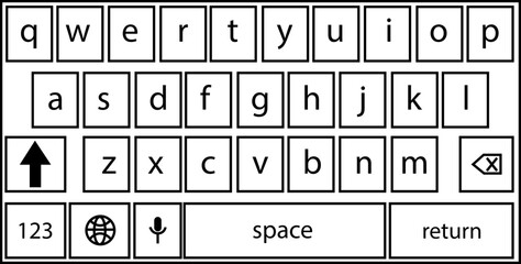 Fototapete - Smartphone keyboard in dark mode, keypad alphabet buttons in trendy modern Outline style, mobile phone tab concept for black color text app vector illustration isolated on transparent background.