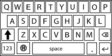 Fototapete - Smartphone keyboard in dark mode, keypad alphabet buttons in trendy modern Outline style, mobile phone tab concept for black color text app vector illustration isolated on transparent background.