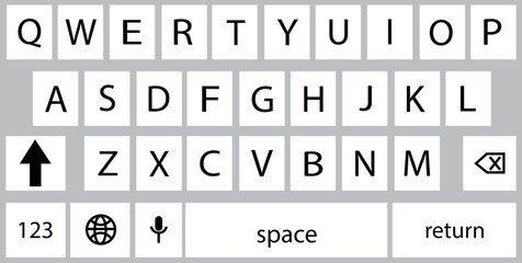 Poster - Smartphone keyboard in light mode, keypad alphabet buttons in trendy modern flat style, mobile phone tab concept for white color text app vector illustration isolated on transparent background.