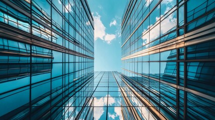 Canvas Print - Low angle view between two modern skyscrapers to the sky, realistic style 