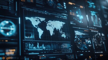 Poster - a futuristic interface displaying global business analytics and trends.