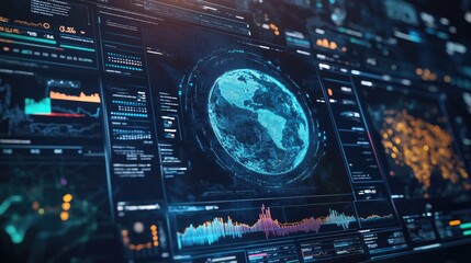 Poster - a futuristic interface displaying global business analytics and trends.