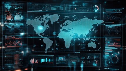 Poster - a futuristic interface displaying global business analytics and trends.