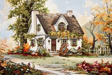 Wall Mural - A house with a white roof and a porch with a wreath on it. The house is surrounded by a garden with flowers and trees