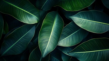 Wall Mural - Serene Symmetry: Capturing the Intricate Details of Dark Green Tropical Leaves