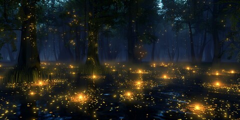A forest with many trees and a lot of fireflies. The fireflies are glowing in the dark