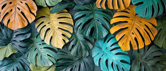 Wall Mural - Lush Vibrant Monstera Leaves Botanical Arrangement with Intricate Shapes and Textures