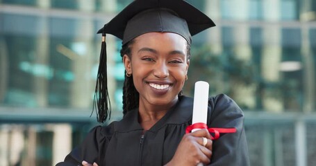 Canvas Print - Face, outdoor and black woman with graduation, degree or celebration with cap, certificate or university. Portrait, person or academic with student, achievement or success with scholarship or college