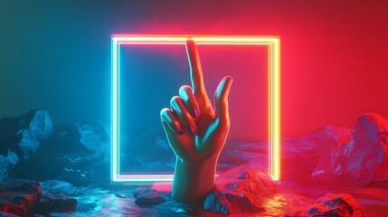 Wall Mural - Neon Glow and a Reaching Hand in a Surreal Landscape