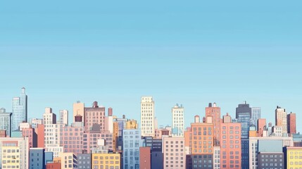 Wall Mural - extremely simple cartoon cityscape, flat colors only, blue sky, two tone picture, buildings restricted to lower third of frame 