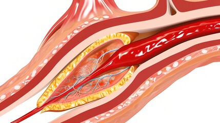 Intricate Vascular Thrombus Formation: Detailed Depiction of Clotting Process and Blood Vessel Obstruction. Medical Illustration for Health Education.