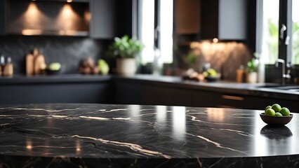 Empty Marble Table kitchen background, dark, luxury kitchen background, black