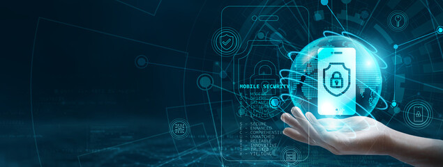 Hand holding a globe with network connecting data. Symbol of digital technology, mobile security ensures protection against cyber threats and safeguards personal information.