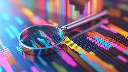 A 3D illustration of economic indicators, featuring bar graphs with a magnifying glass, symbolizing detailed financial analysis, with ample copy space for your message.