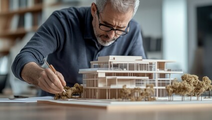 Architect Examining a Wooden Model of a Modern Building