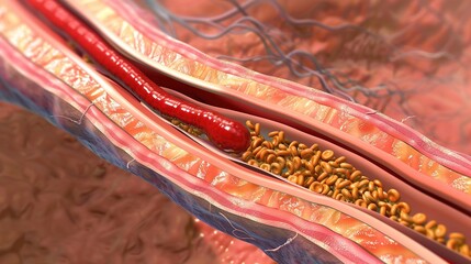 Intricate Vascular Thrombus Formation: Detailed Depiction of Clotting Process and Blood Vessel Obstruction. Medical Illustration for Health Education.