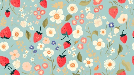 Sticker - Seamless Floral Pattern with Strawberries.