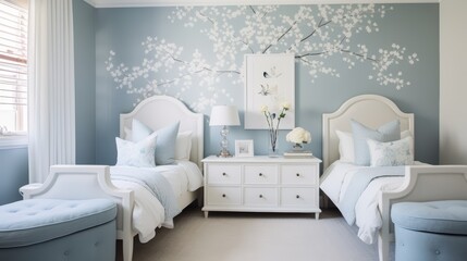 Two twin beds with white headboard and light blue patterned pillows in a bedroom with light blue walls and white floral mural.