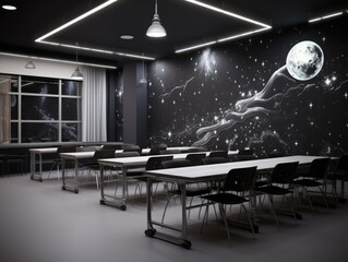 Modern conference room with a night sky mural and white tables and chairs.