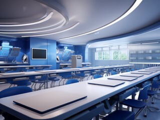 Modern classroom interior design with white desks and blue chairs.