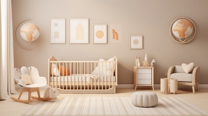 Minimalist nursery room with a crib, a rocking chair, a globe, a stool, a dresser and a chair with a heart-shaped pillow.