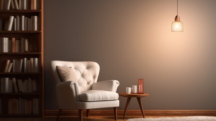 Cozy living room with a white armchair, wooden bookshelf, a side table with two mugs and a glass vase, a hanging light fixture and a rug.