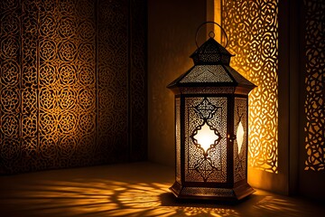 A lantern with a white light shining through it