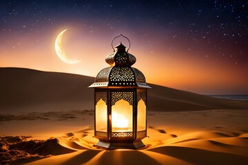 A lantern sits on a sandy beach at night, with a crescent moon in the background