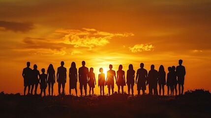 A diverse group of people standing together during a stunning sunset, creating a silhouette against the vibrant sky.