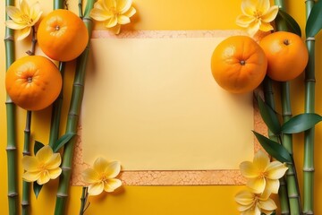 Oranges, Bamboo, and Yellow Flowers Arranged on a Yellow Background