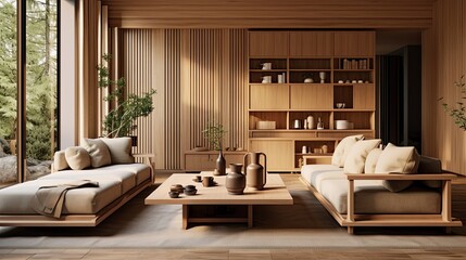 Poster - Modern interior japandi style design living room