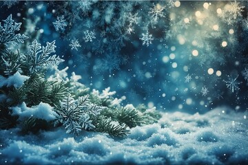 Wall Mural - Winter Wonderland with Snowflakes and Pine Branches