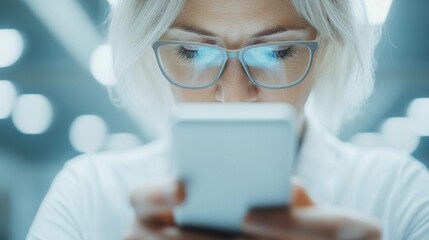 senior professional female, american, crafting a mobile app in a cutting-edge incubator, minimalisti