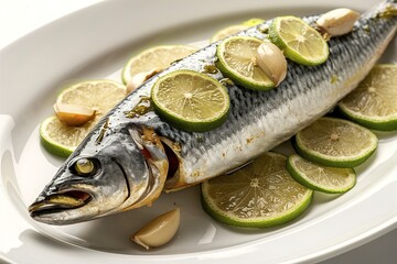 Baked mackerel on a plate with lime and garlic