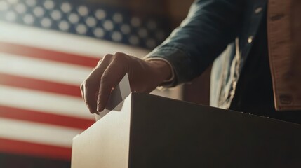 Wall Mural - patriotic voting scene hand inserting ballot into box american flag backdrop