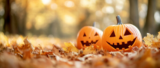 Two carved pumpkins sit among colorful autumn leaves, capturing the essence of Halloween festivities in a serene outdoor setting.