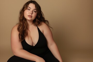 Portrait of a young woman with long brown hair wearing a black sleeveless top against a beige background.