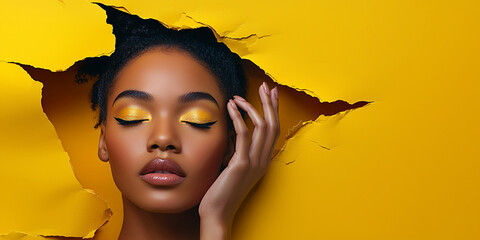 Wall Mural - Beautiful African American woman with closed eyes and hand on face behind a torn paper edge in a yellow color, generative AI