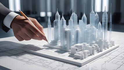 architect hand designing building white model