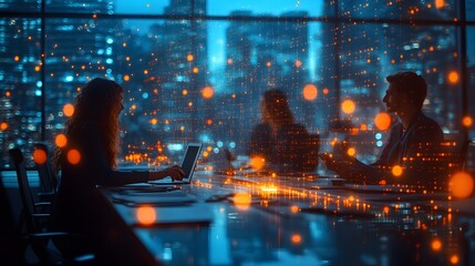 Professionals engaged in a productive roundtable meeting, with a network-themed abstract blur in the background, showcasing teamwork.