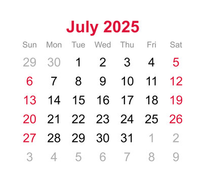 Monthly calendar of July 2025 on transparent background